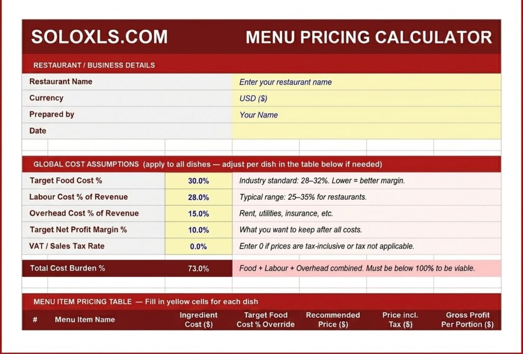 Free Restaurant Menu Pricing Template